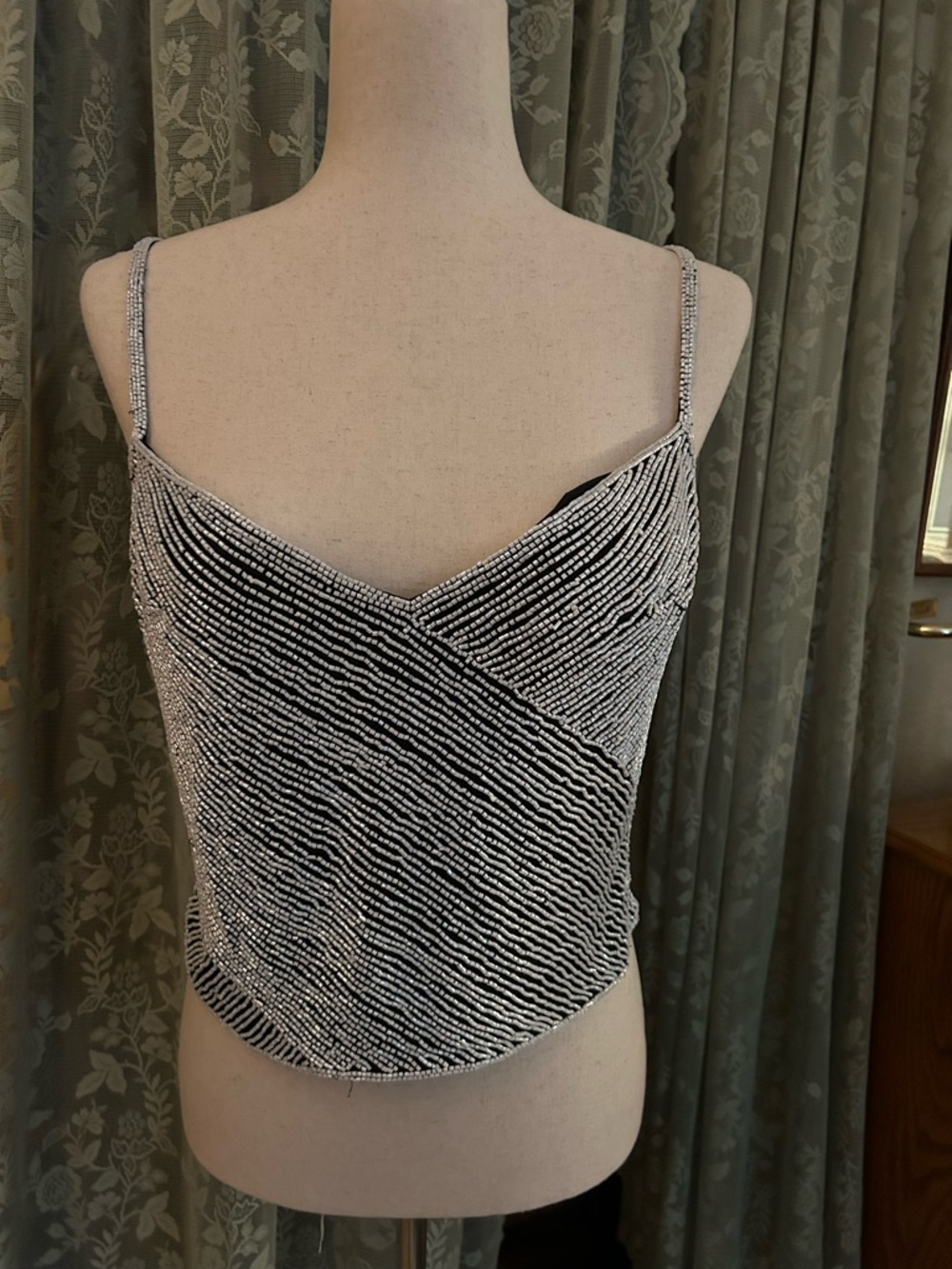 100% Silk Beaded Black and White Spaghetti Strap Cami Top